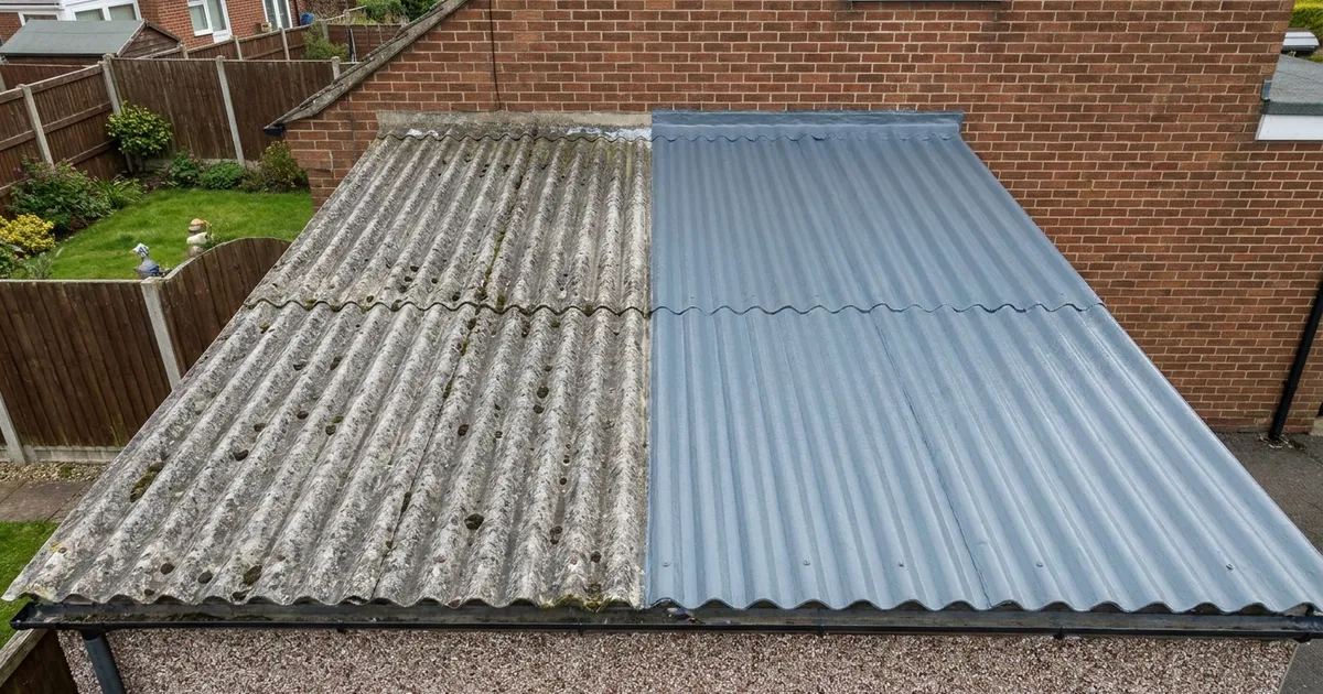 Before and after comparison of a UK asbestos cement garage roof, one half bare grey sheeting and one half sealed with a grey-blue encapsulation coating