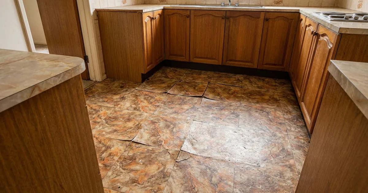 Old marbled vinyl floor tiles in a UK kitchen, typical of 1960s and 1970s construction