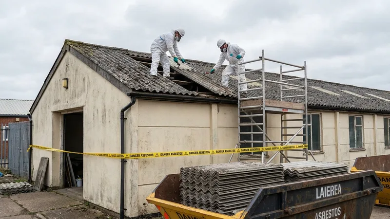Workers in protective equipment carefully removing corrugated asbestos cement roof sheets from a garage