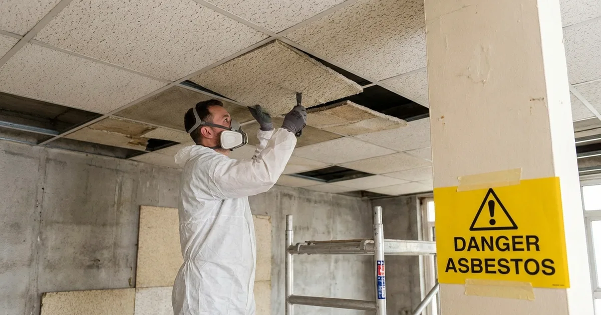 Damaged asbestos insulation board ceiling tiles in an older UK commercial building