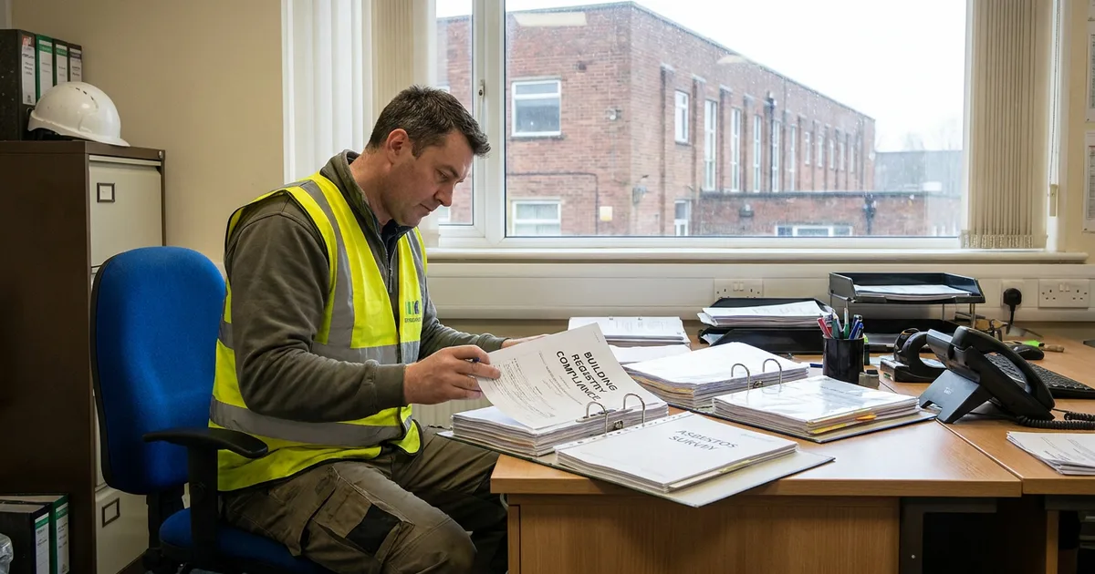 A UK facilities manager reviewing asbestos compliance paperwork in a commercial building