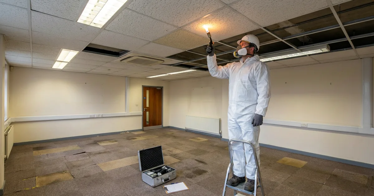 Asbestos surveyor in protective equipment inspecting a ceiling in a UK commercial building