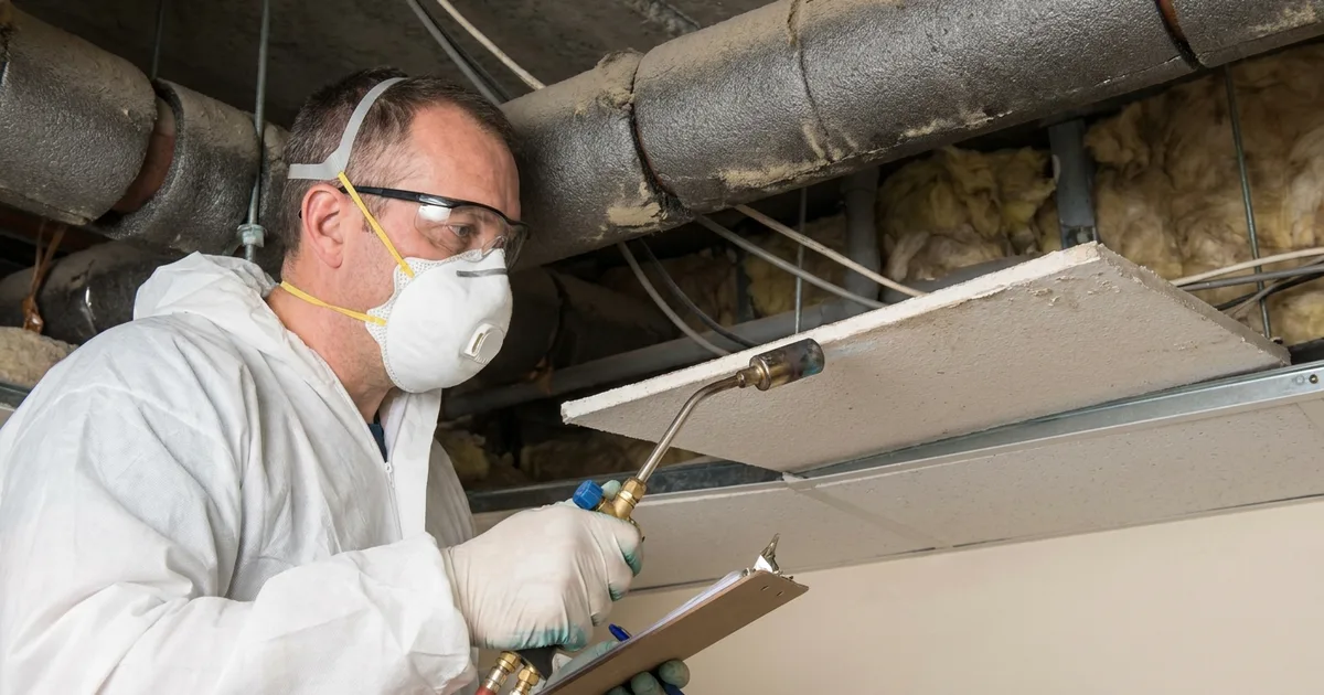 A qualified asbestos surveyor inspecting suspect materials in a UK commercial building