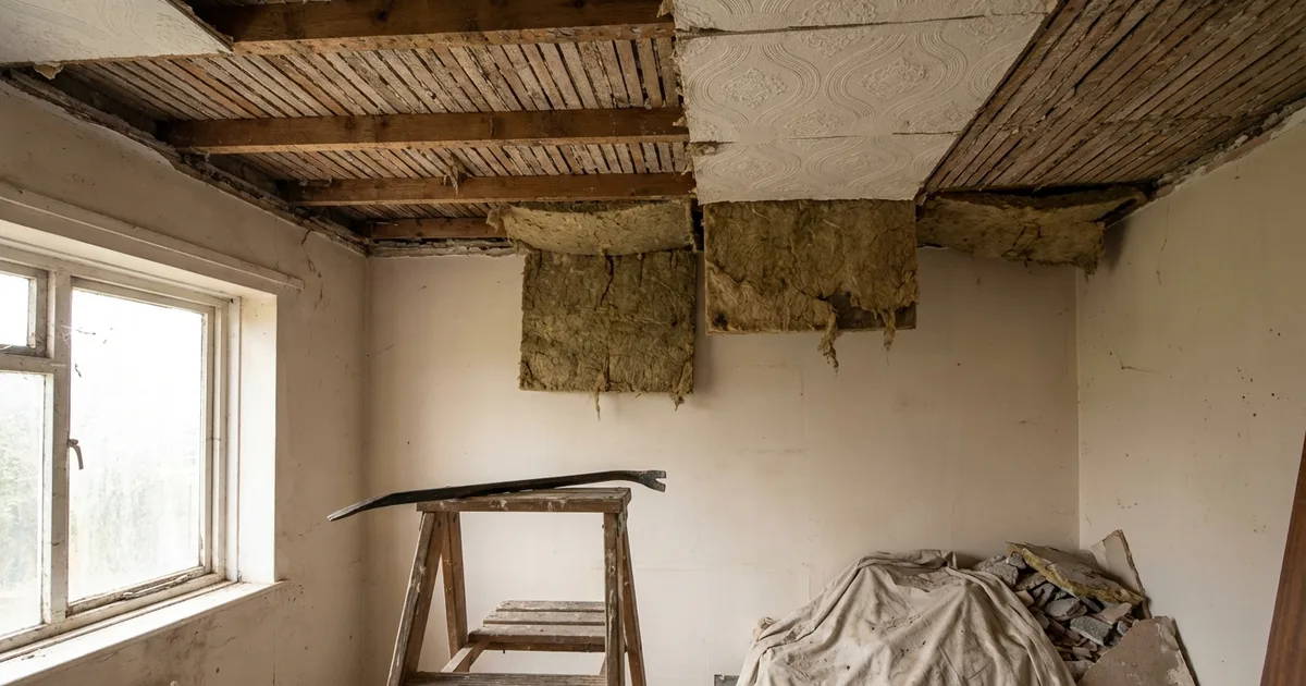 Exposed ceiling and wall materials during renovation of a 1970s UK home