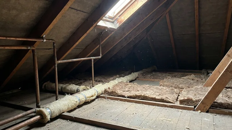 Inside a UK loft space showing exposed pipes, tank lagging, and insulation materials
