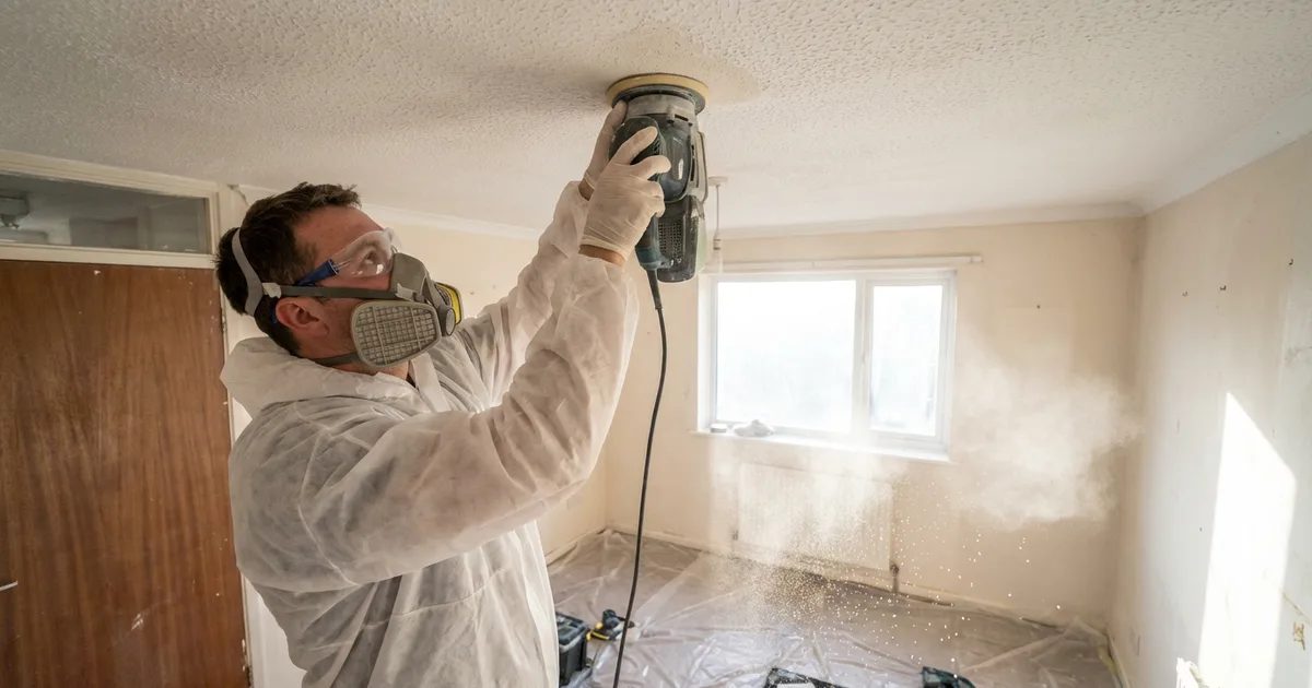 Dust from sanding a textured ceiling in a UK home, a common accidental asbestos exposure scenario