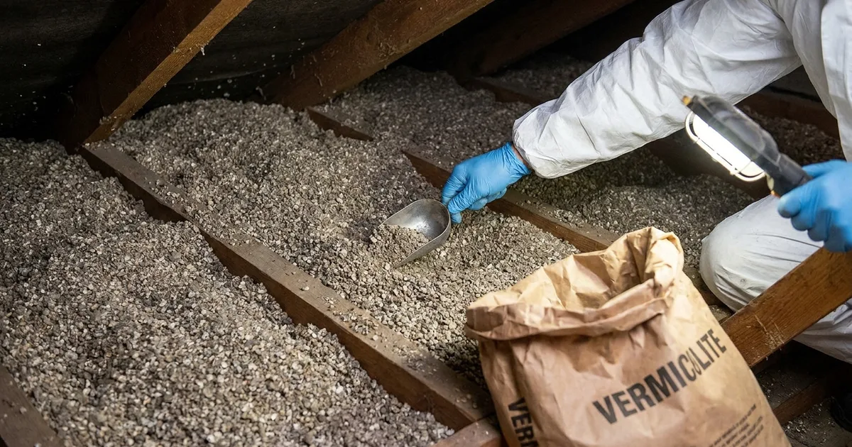 Loose golden-grey vermiculite insulation granules poured between the floor joists of a UK loft