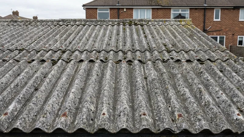 Weathered corrugated asbestos cement sheets on a UK garage roof, showing typical grey surface with whitish bloom