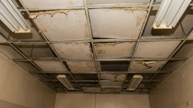Grey asbestos insulating board ceiling tiles in a suspended metal grid, typical of pre-2000 UK commercial and domestic buildings