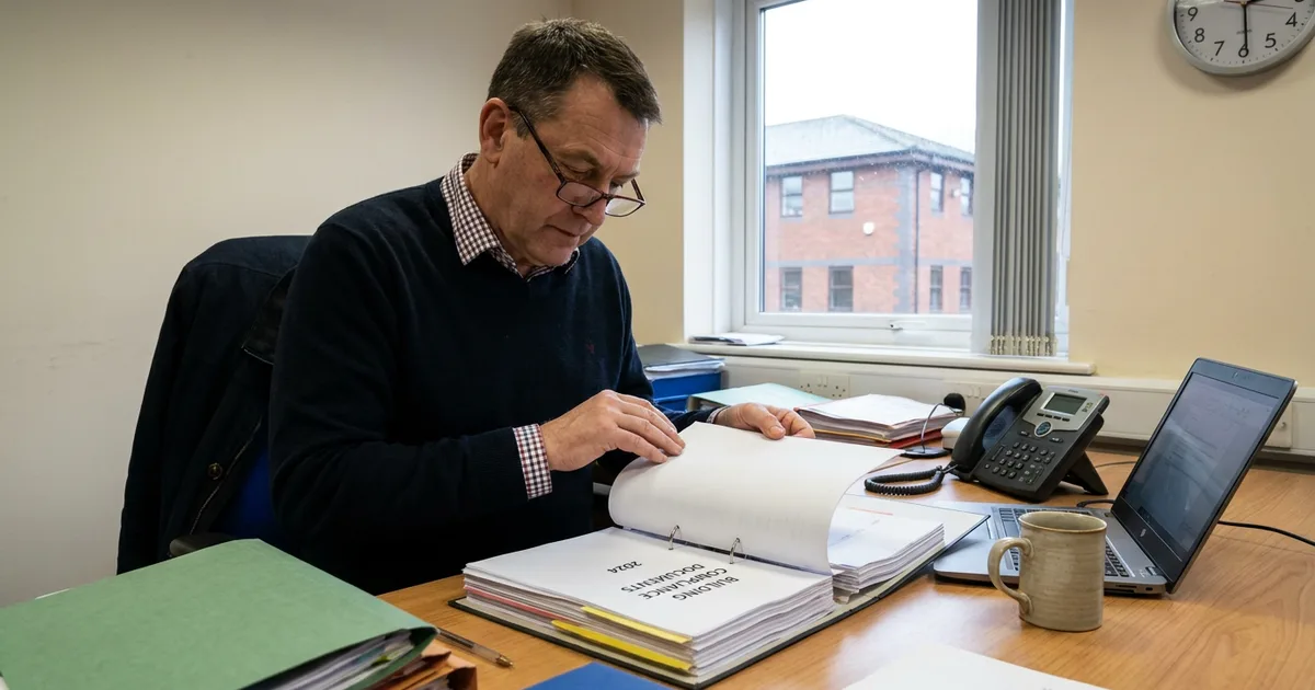 A facilities manager reviewing building compliance paperwork at a desk in a UK commercial office