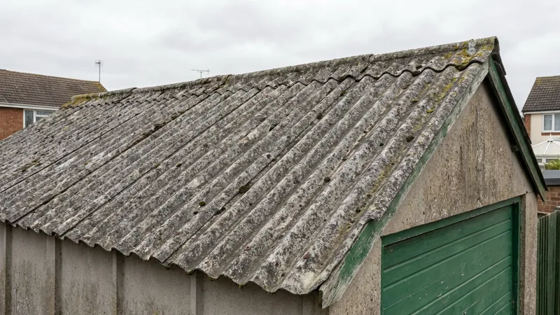 Weathered corrugated asbestos cement roofing on a UK garage, a common location for legacy asbestos materials