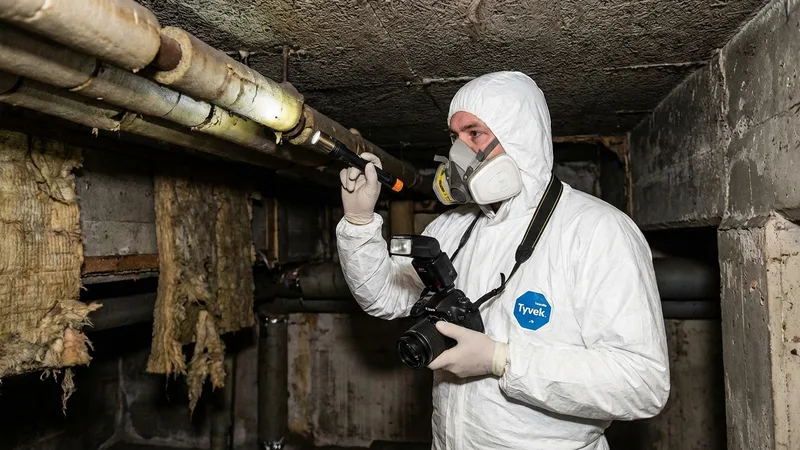 An asbestos surveyor in protective equipment inspecting a UK building interior for asbestos-containing materials